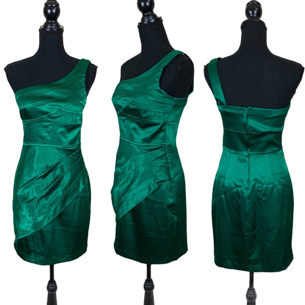 Teeze Me Satin Ruched One Shoulder Origami Pleated Cocktail Dress in Jewel Green
